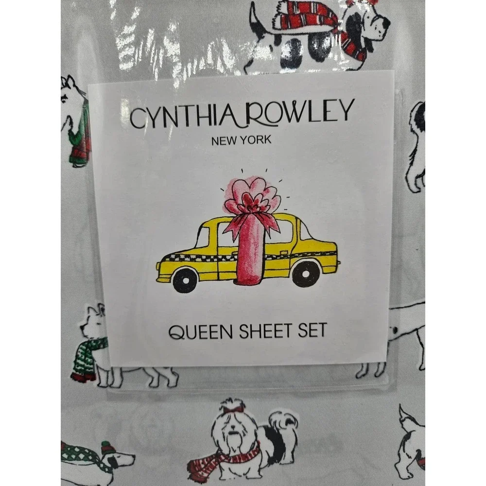 Cynthia Rowley Christmas‎ Dog QUEEN Sheet Set Holiday Winter Sweater Scarf XDeep